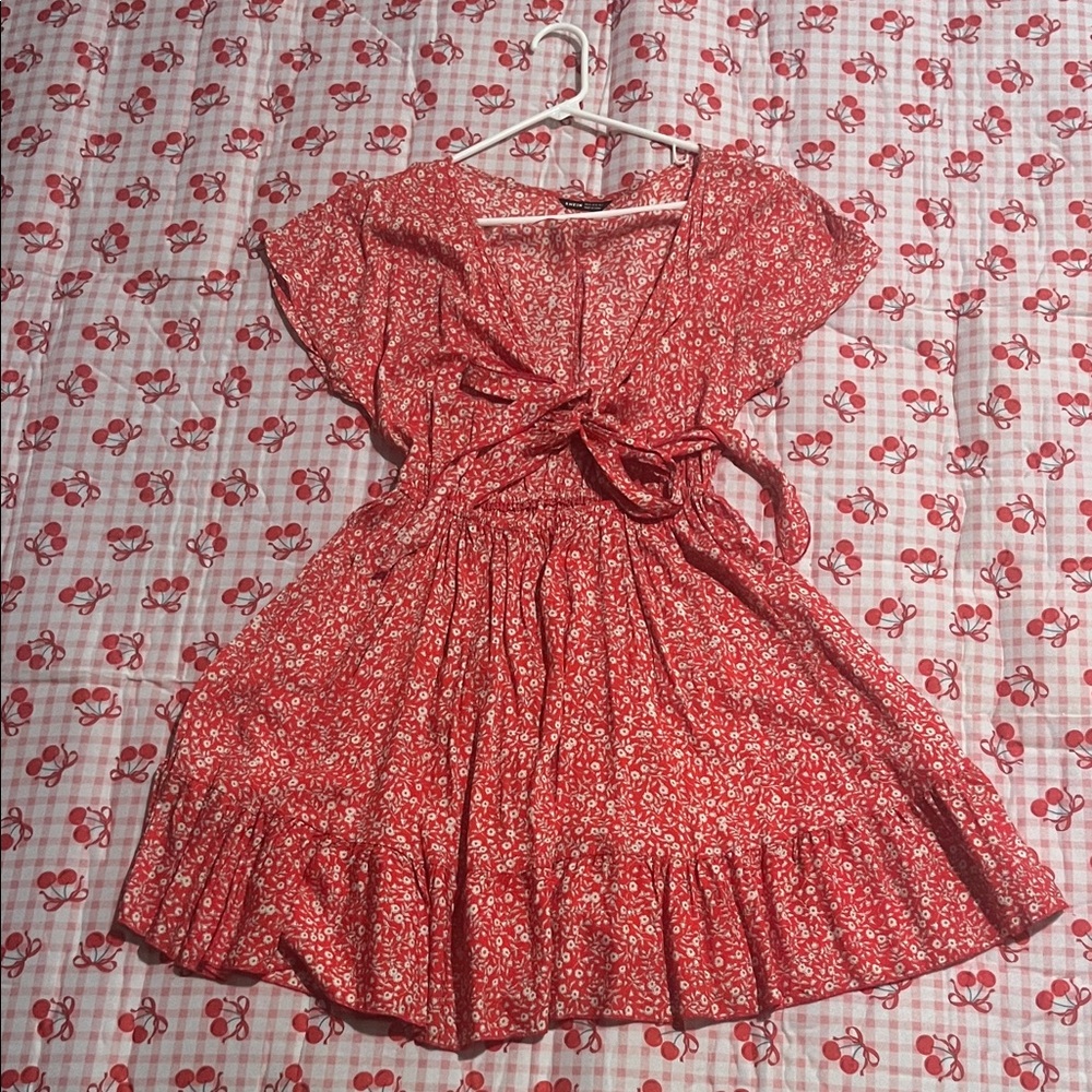 SHEIN Red Floral Dress with Bow Detail